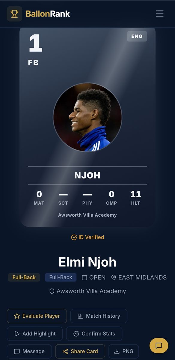BallonRank player ranking card showing an ID-verified player profile and stats